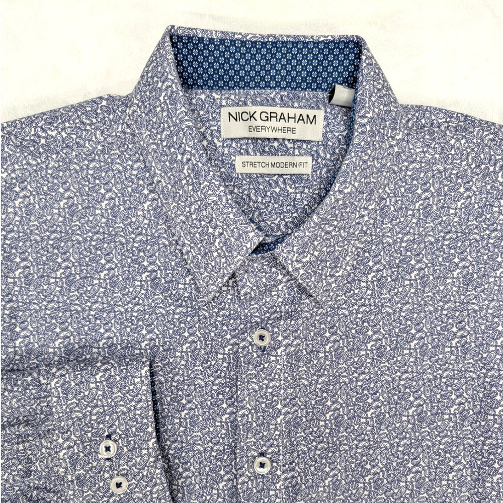 Nick Graham Everywhere Mens XL Modern Fit Stretch Blue Paisley Print Dress Shirt